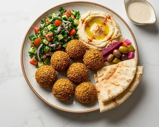 Vegetarian falafel platter with hummus and salad in Winnipeg